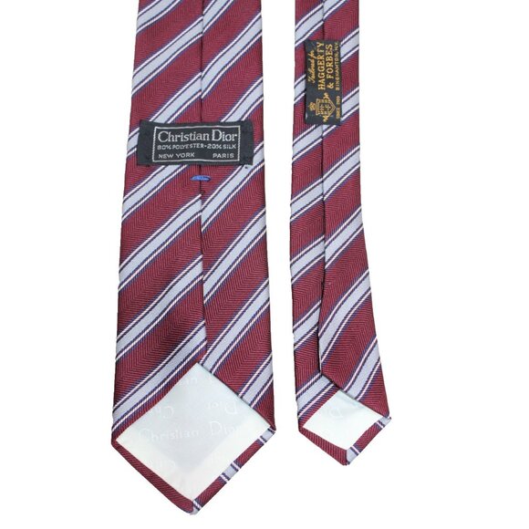 Vtg CHRISTIAN DIOR Diagonal Striped Spell out Dior Tie Maroon Silver Silk Blend - Picture 4 of 7